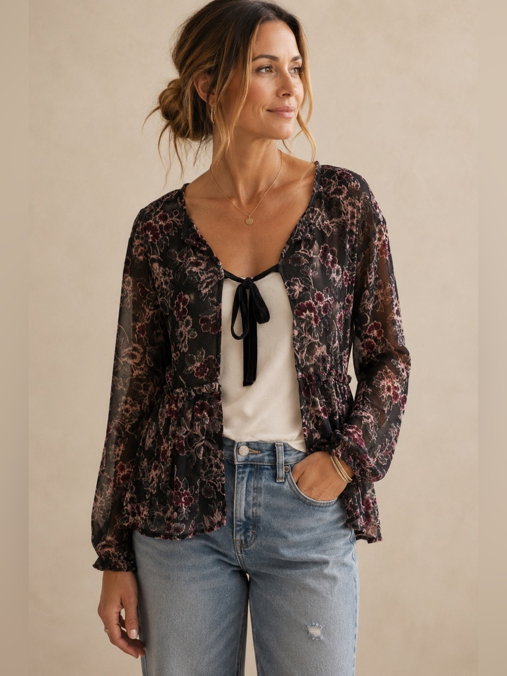 By Together by Anthropologie Crushed Velvet Black Tie Up Blouse Size M